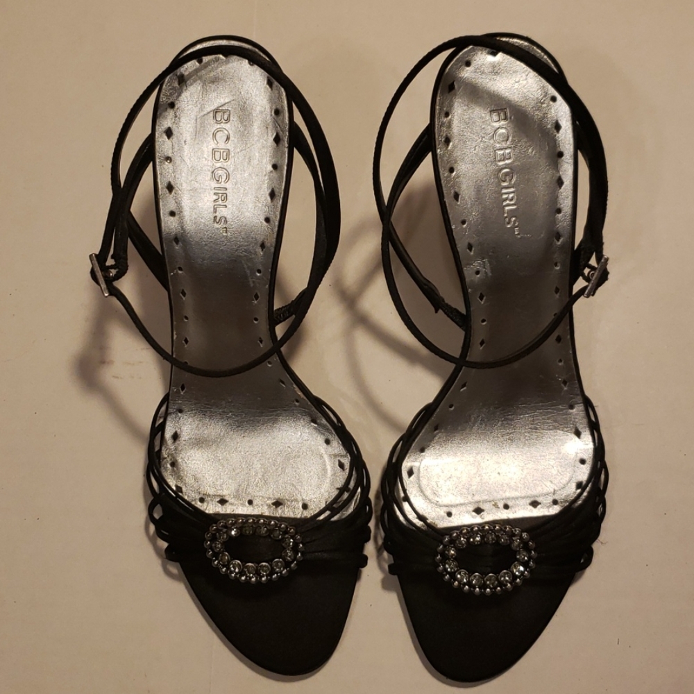 EUC - BCBGirls Sexy Black Satin Rhinestones Heels - Picture 2 of 8